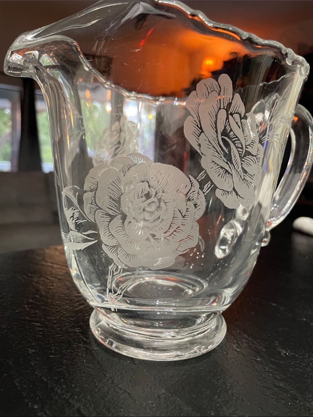 Fostoria Camilla Clear Floral Rose Etched Glass Pitcher 6 1/2 x 9